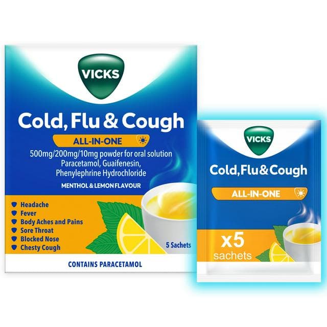 Vicks 5 x Cold, Flu & Cough 6 in 1 Cold Symptom Relief All in One Hot Drink Sachets - gallery image 1
