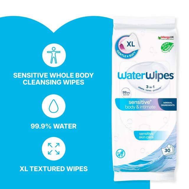 WaterWipes 30 x Sensitive+ Body & Intimate Cleansing Fragrance Free Wipes - gallery image 2