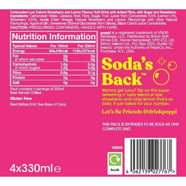 Poppi 4 x 330ml Strawberry Lemon Soda Cans - gallery image 4