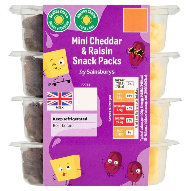 Sainsbury's 4 x 50g Mini Cheddar & Raisin Snack Packs - gallery image 1