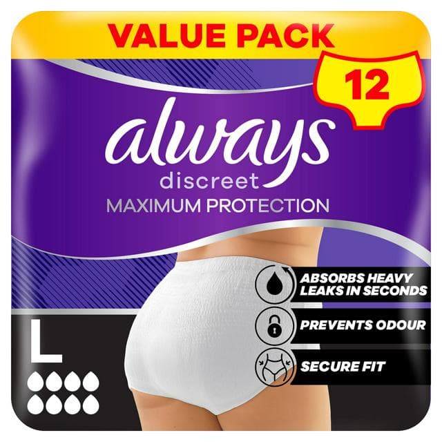 Always Discreet 12 x Maximum Protection 8 Drops Size L Incontinence Pant - gallery image 1