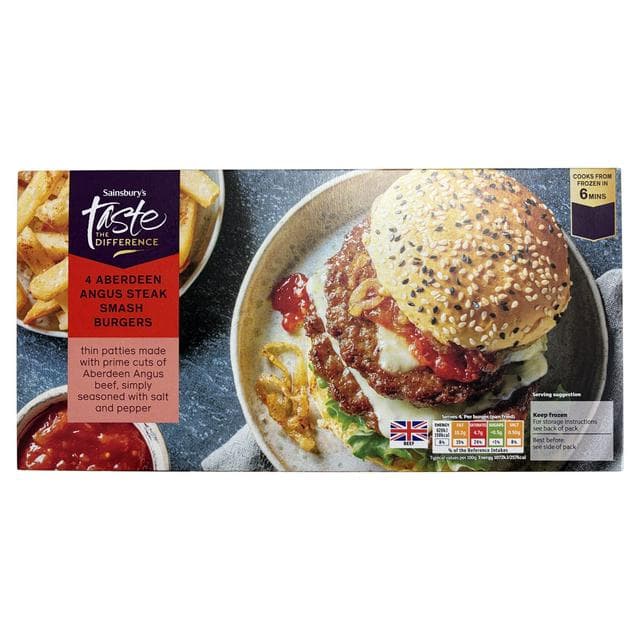 Sainsbury's 4 x Aberdeen Angus Steak Smash Burgers, Taste the Difference 340g - gallery image 1
