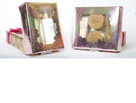 Health and beauty products displayed in golden boxes