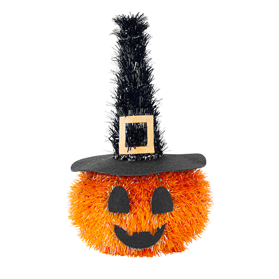 Halloween Tinsel Pumpkin in Witch Hat 